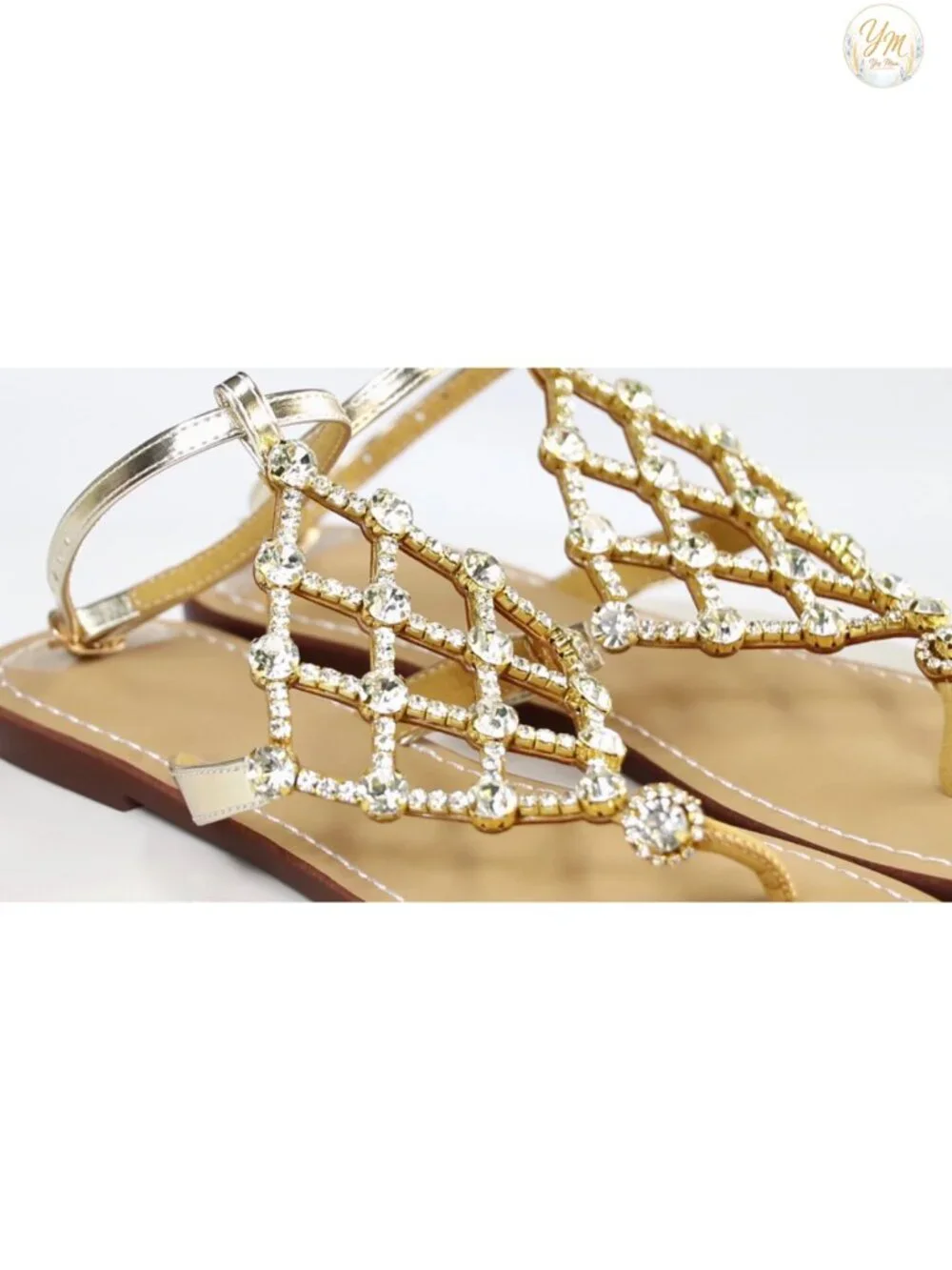 Rhinestone Crystal Flat Thong Sandals T-Strap Wedding Shoes Leather Insole